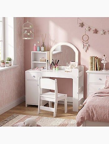 Ensemble coiffeuse enfant chaise et miroir led - multi-rangement