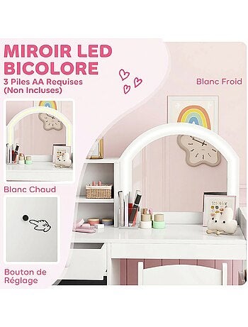 Ensemble coiffeuse enfant chaise et miroir led - multi-rangement