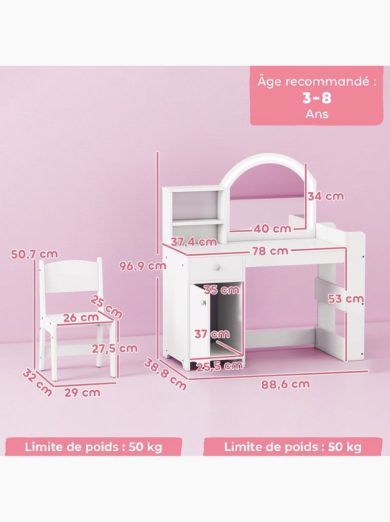 Ensemble coiffeuse enfant chaise et miroir led - multi-rangement Blanc Blanc - Kiabi