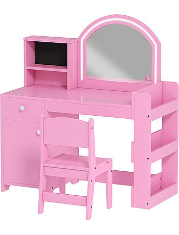 Ensemble coiffeuse enfant chaise et miroir led - multi-rangement