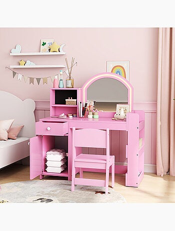 Ensemble coiffeuse enfant chaise et miroir led - multi-rangement