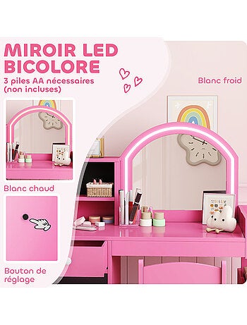 Ensemble coiffeuse enfant chaise et miroir led - multi-rangement