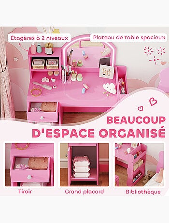 Ensemble coiffeuse enfant chaise et miroir led - multi-rangement