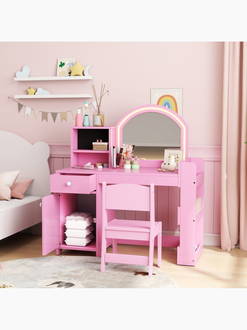 Ensemble coiffeuse enfant chaise et miroir led - multi-rangement Rose - Kiabi