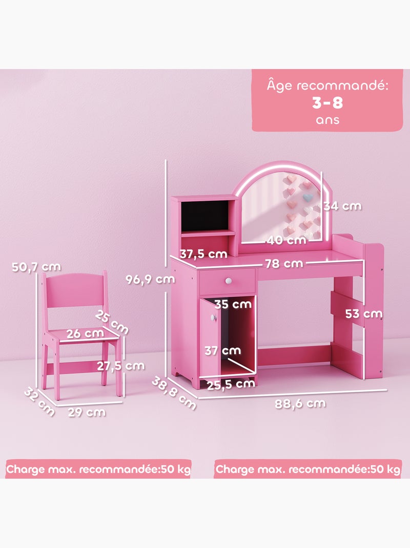Ensemble coiffeuse enfant chaise et miroir led - multi-rangement Rose - Kiabi