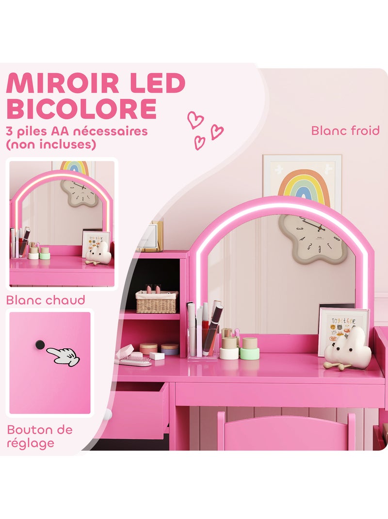 Ensemble coiffeuse enfant chaise et miroir led - multi-rangement Rose - Kiabi