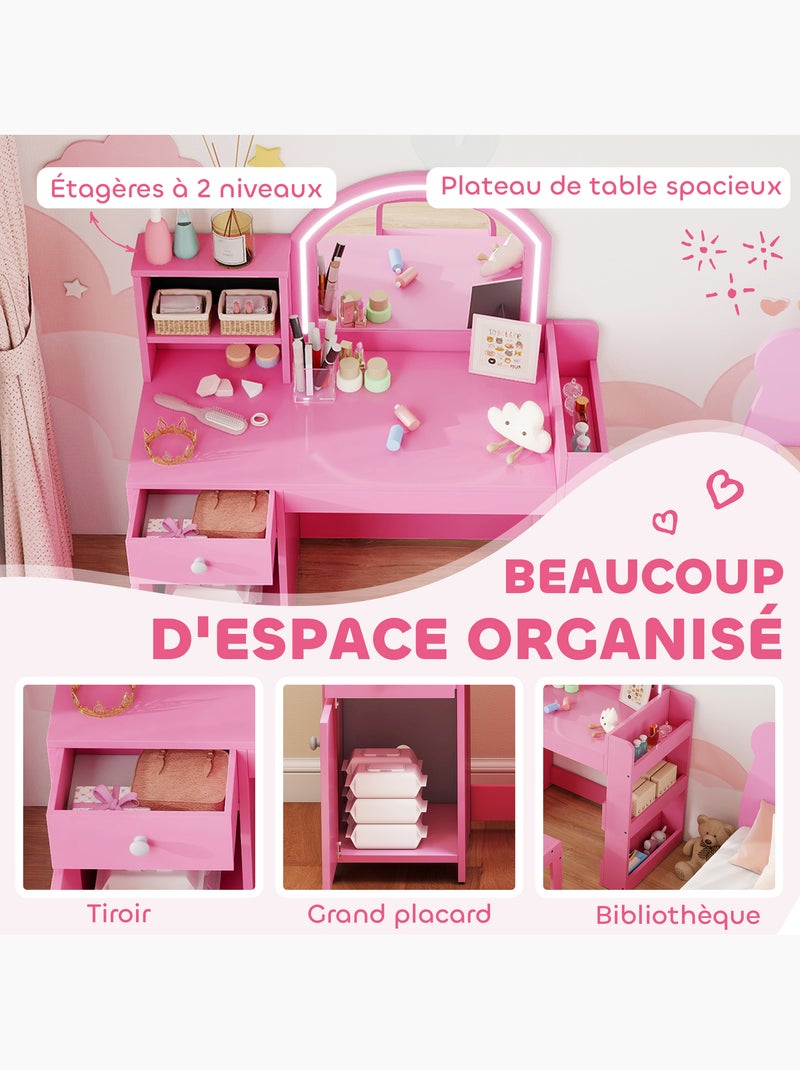 Ensemble coiffeuse enfant chaise et miroir led - multi-rangement Rose - Kiabi