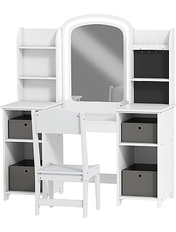 Ensemble coiffeuse enfant chaise et miroir led paniers gris blanc