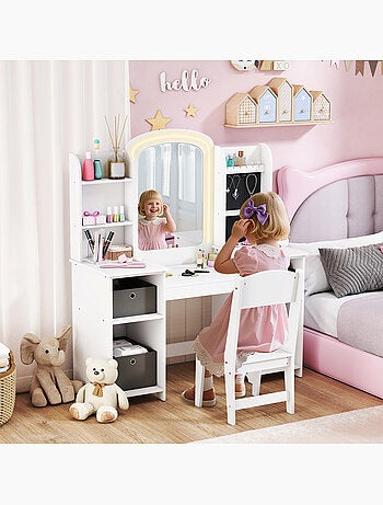 Ensemble coiffeuse enfant chaise et miroir led paniers gris blanc