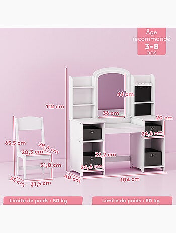 Ensemble coiffeuse enfant chaise et miroir led paniers gris blanc