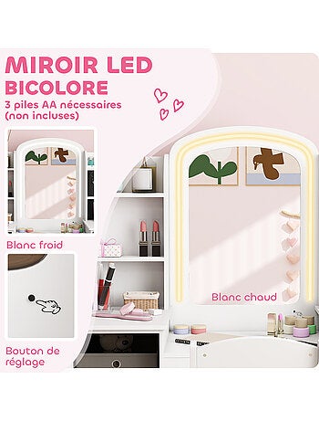 Ensemble coiffeuse enfant chaise et miroir led paniers gris blanc