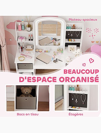 Ensemble coiffeuse enfant chaise et miroir led paniers gris blanc