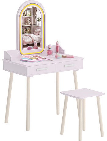 Ensemble coiffeuse enfant tabouret en bois avec miroir led