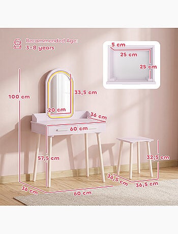 Ensemble coiffeuse enfant tabouret en bois avec miroir led