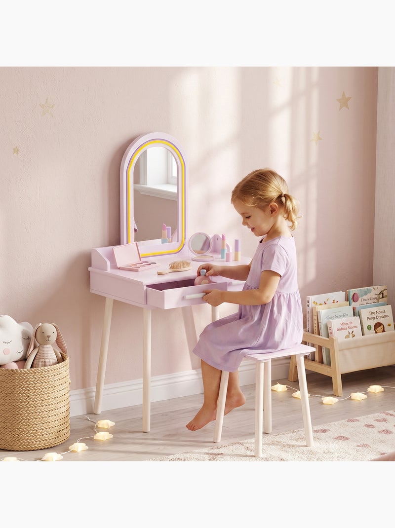 Ensemble coiffeuse enfant tabouret en bois avec miroir led Rose - Kiabi