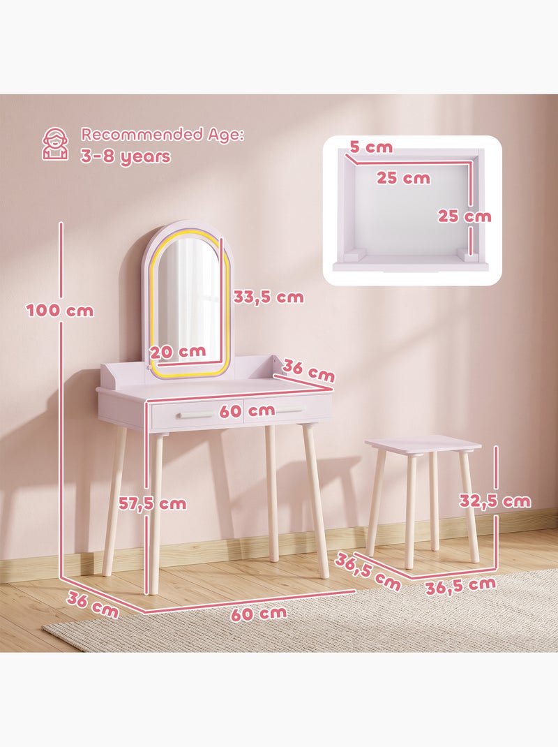 Ensemble coiffeuse enfant tabouret en bois avec miroir led Rose - Kiabi