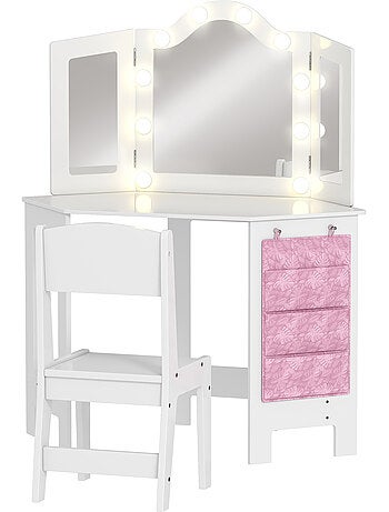 Ensemble coiffeuse enfant tabouret miroir holywood pochette rangement rose blanc