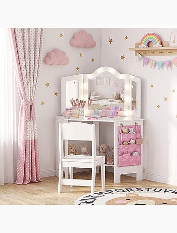 Ensemble coiffeuse enfant tabouret miroir holywood pochette rangement rose blanc