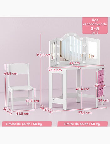 Ensemble coiffeuse enfant tabouret miroir holywood pochette rangement rose blanc