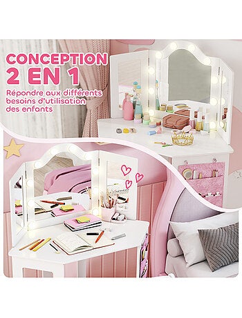 Ensemble coiffeuse enfant tabouret miroir holywood pochette rangement rose blanc