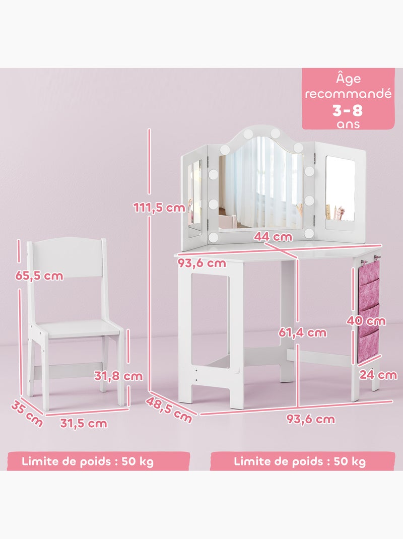 Ensemble coiffeuse enfant tabouret miroir holywood pochette rangement rose blanc Blanc Blanc - Kiabi