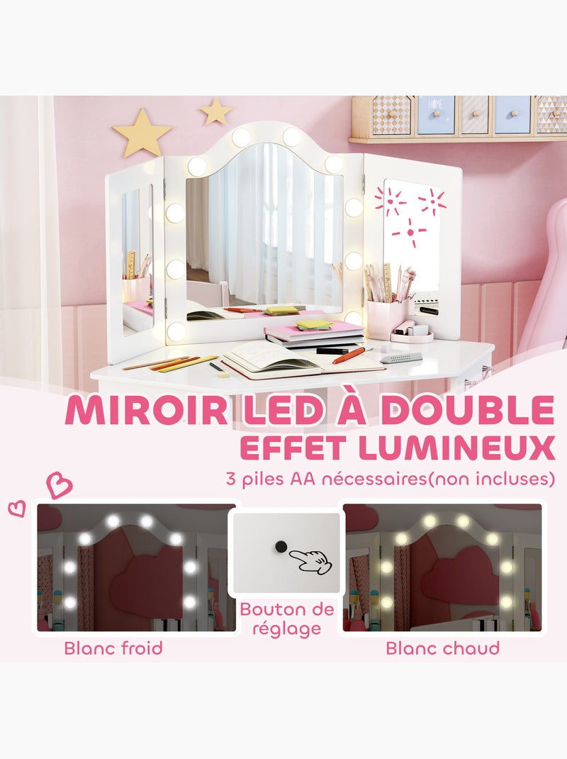 Ensemble coiffeuse enfant tabouret miroir holywood pochette rangement rose blanc Blanc Blanc - Kiabi