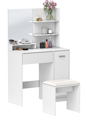 Ensemble coiffeuse miroir avec tabouret - porte, tiroir, 4 étagères, niche - blanc