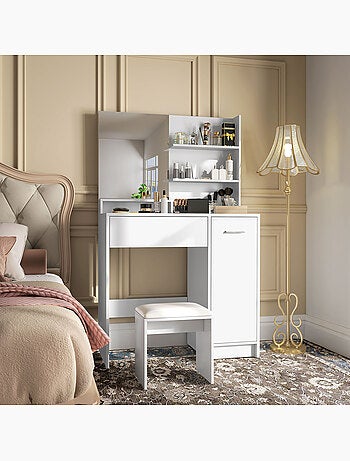 Ensemble coiffeuse miroir avec tabouret - porte, tiroir, 4 étagères, niche - blanc