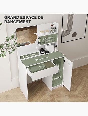 Ensemble coiffeuse miroir avec tabouret - porte, tiroir, 4 étagères, niche - blanc