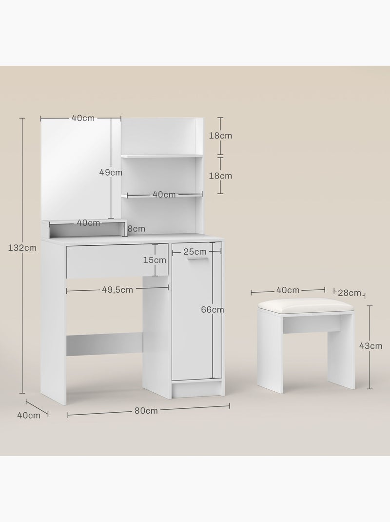 Ensemble coiffeuse miroir avec tabouret - porte, tiroir, 4 étagères, niche - blanc Blanc Blanc - Kiabi