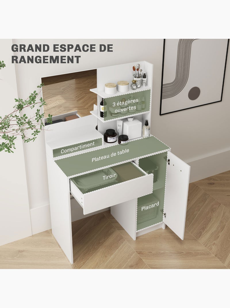 Ensemble coiffeuse miroir avec tabouret - porte, tiroir, 4 étagères, niche - blanc Blanc Blanc - Kiabi