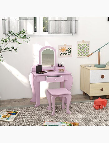 Ensemble coiffeuse tabouret enfant style girly rose motif nuage rose