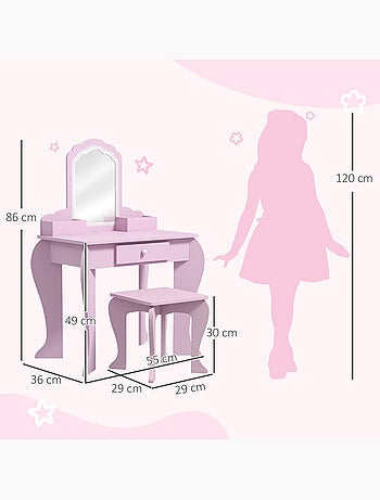 Ensemble coiffeuse tabouret enfant style girly rose motif nuage rose