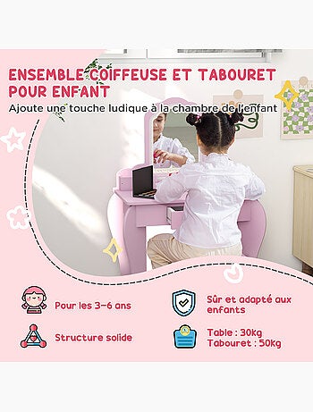 Ensemble coiffeuse tabouret enfant style girly rose motif nuage rose