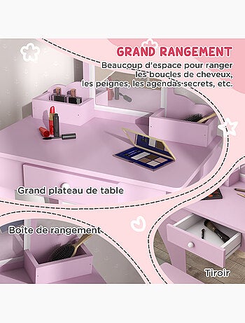 Ensemble coiffeuse tabouret enfant style girly rose motif nuage rose