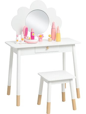 Ensemble coiffeuse tabouret enfant style nordique motif nuage effet bois clair blanc