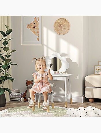 Ensemble coiffeuse tabouret enfant style nordique motif nuage effet bois clair blanc