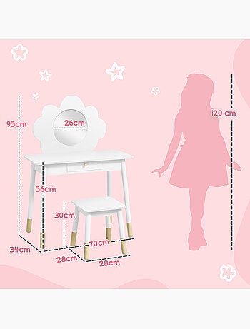 Ensemble coiffeuse tabouret enfant style nordique motif nuage effet bois clair blanc