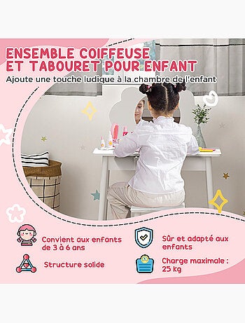 Ensemble coiffeuse tabouret enfant style nordique motif nuage effet bois clair blanc