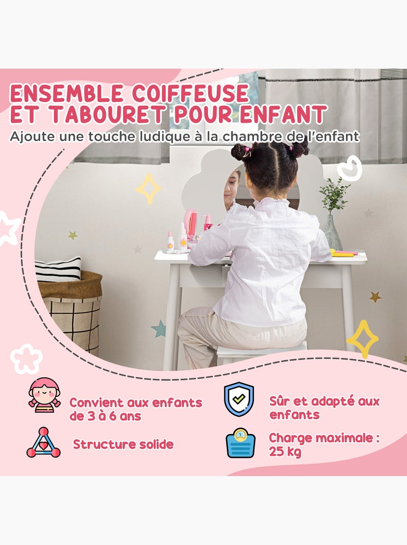 Ensemble coiffeuse tabouret enfant style nordique motif nuage effet bois clair blanc Blanc Blanc - Kiabi