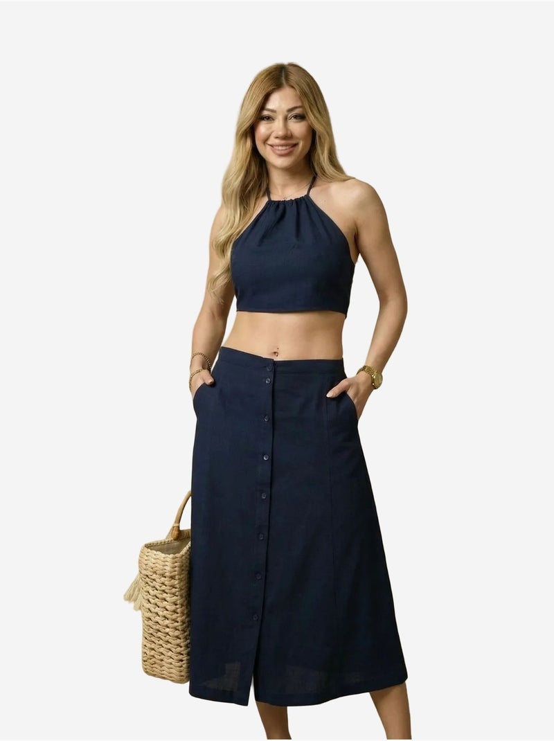 Ensemble coord deux pièces en coton, viscose et lin my fashion Bleu marine - Kiabi