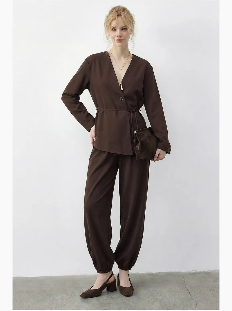 Ensemble coordonné à col en v, manches longues et taille élastique lucci Marron chocolat - Kiabi