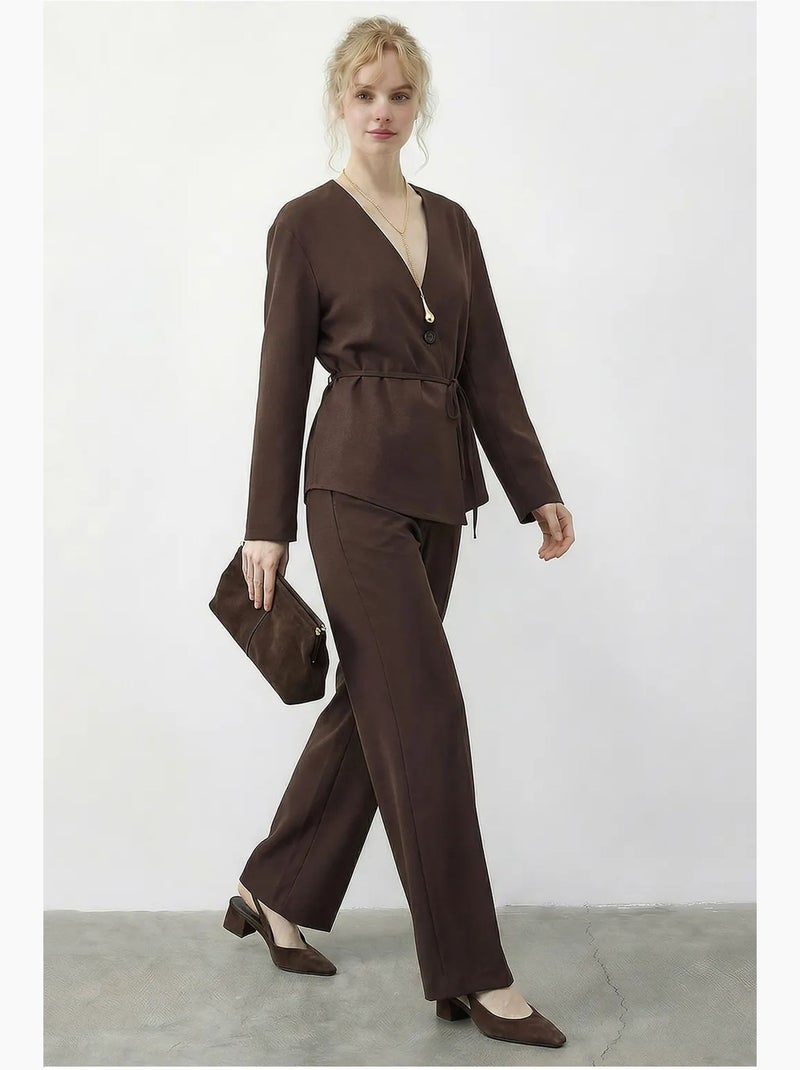 Ensemble coordonné à col en v, manches longues et taille élastique lucci Marron chocolat - Kiabi