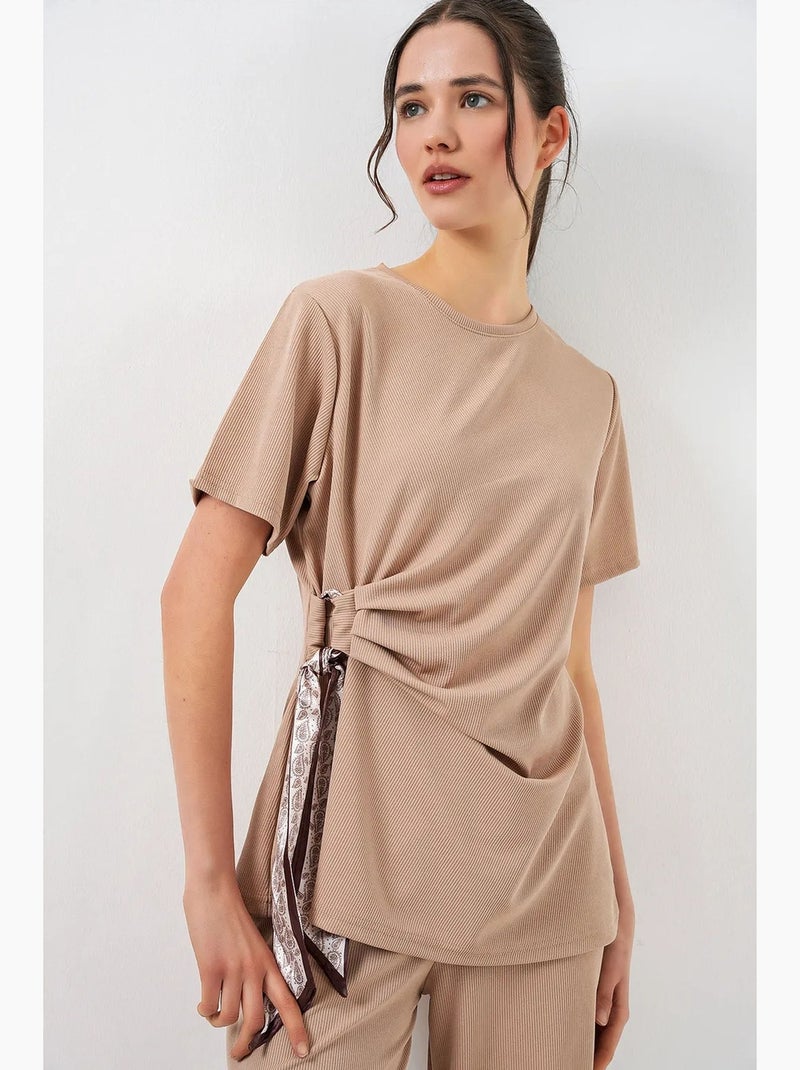 Ensemble coordonné côtelé à col rond et détail cravate, avec pantalon à jambes larges bdart Beige argile - Kiabi