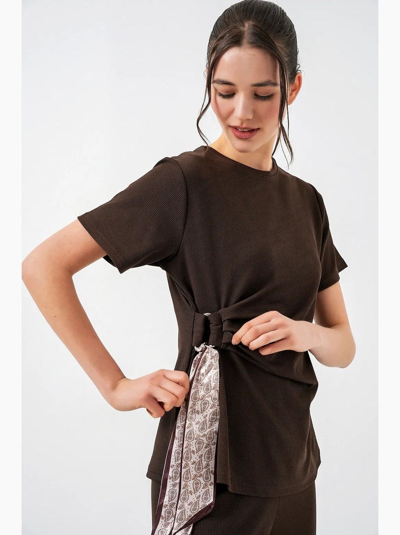Ensemble coordonné côtelé à col rond et détail cravate, avec pantalon à jambes larges bdart Marron chocolat - Kiabi