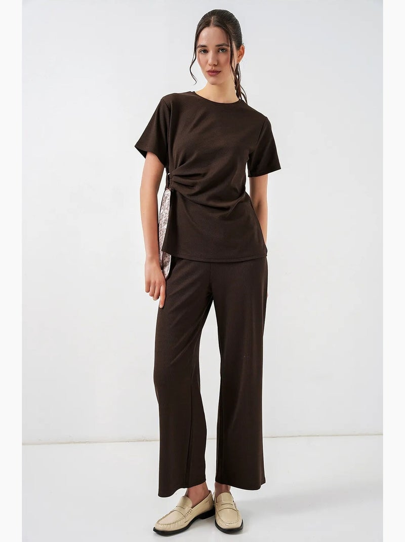 Ensemble coordonné côtelé à col rond et détail cravate, avec pantalon à jambes larges bdart Marron chocolat - Kiabi