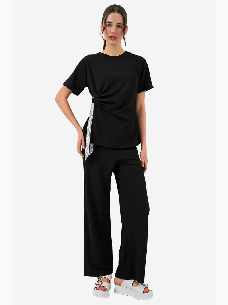Ensemble coordonné côtelé à col rond et détail cravate, avec pantalon à jambes larges bdart Noir - Kiabi