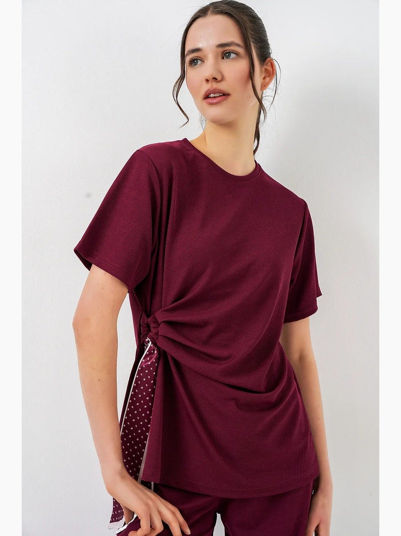 Ensemble coordonné côtelé à col rond et détail cravate, avec pantalon à jambes larges bdart Rouge bordeaux - Kiabi