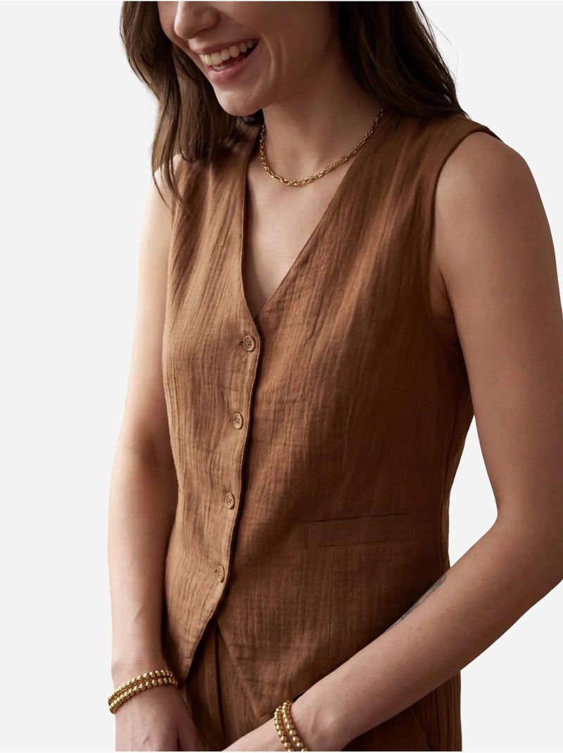 Ensemble coordonné deux pièces à col en v texturé et boutons my fashion Marron clair - Kiabi