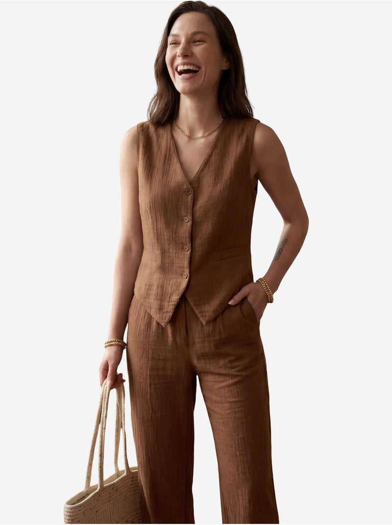 Ensemble coordonné deux pièces à col en v texturé et boutons my fashion Marron clair - Kiabi